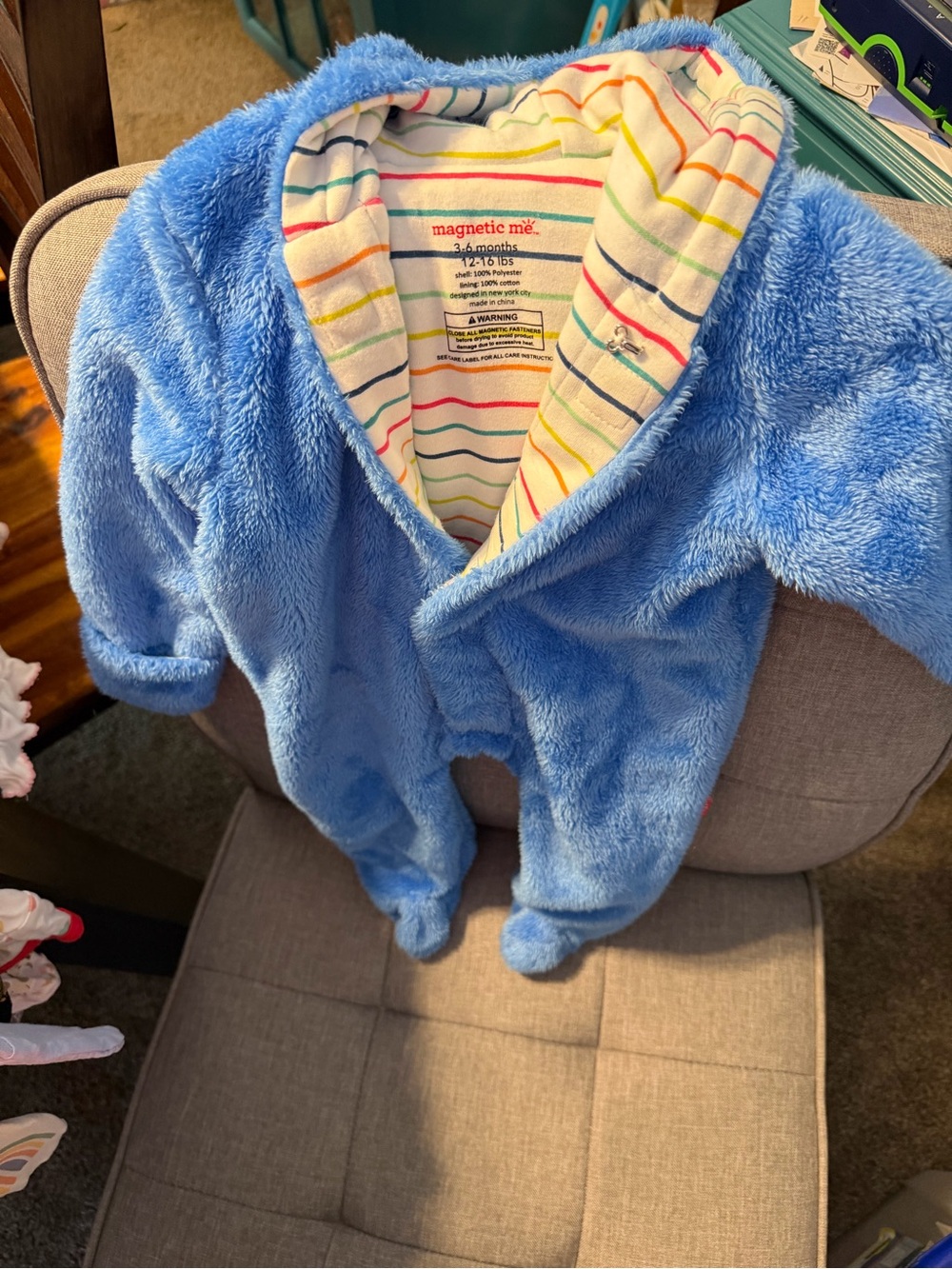 Magnetic Me Blue Plush Hooded Footed One-Piece with Striped Lining